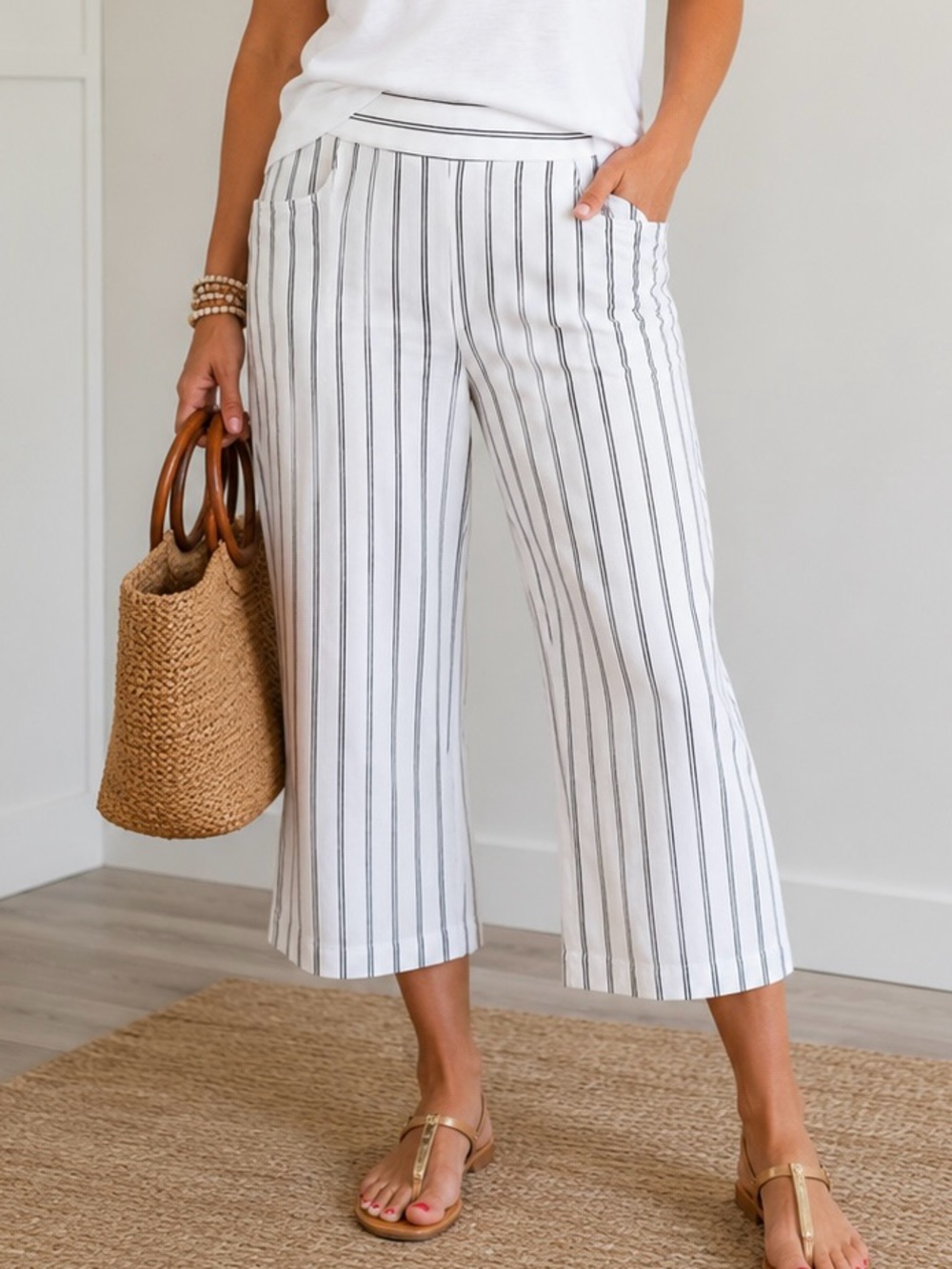 Massimo Dutti White Brown Pinstripe Capri Pants Cropped Wide Leg Linen Size 10